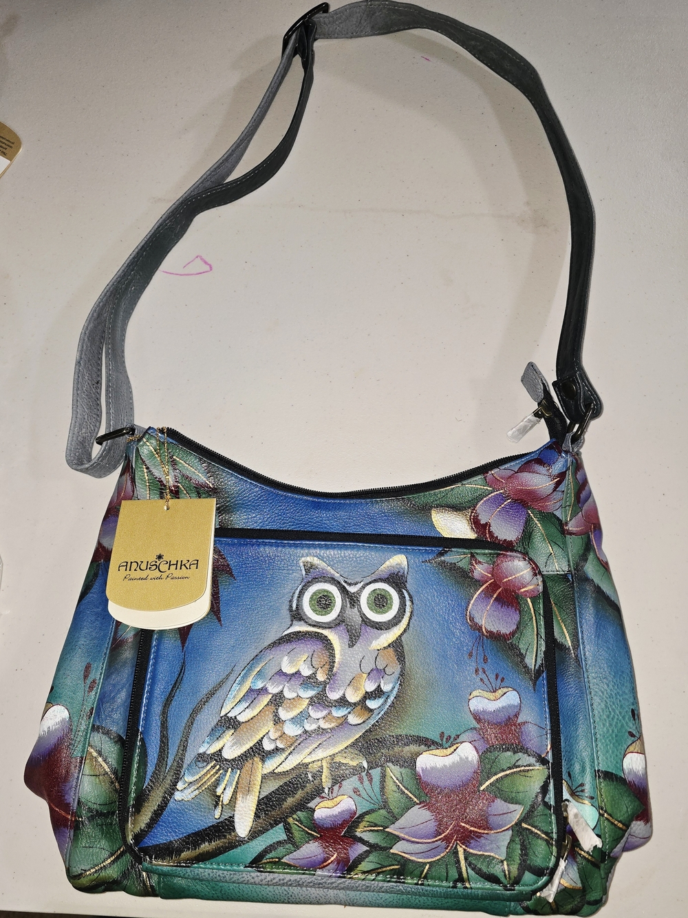 Anuschka Hand-Painted Teal Blue Owl Leather Shoulder Bag
